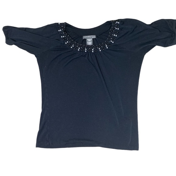 Covington Women’s PS Black Short Sleeve Dress Shirt Top Pearl Embellished Collar - Picture 2 of 9
